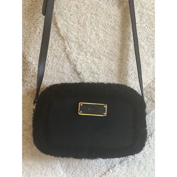 UGG Handbags - UGG Auth Janey II Black Shearling fur Suede Crossbody Bag Gold Hardware Fluffy